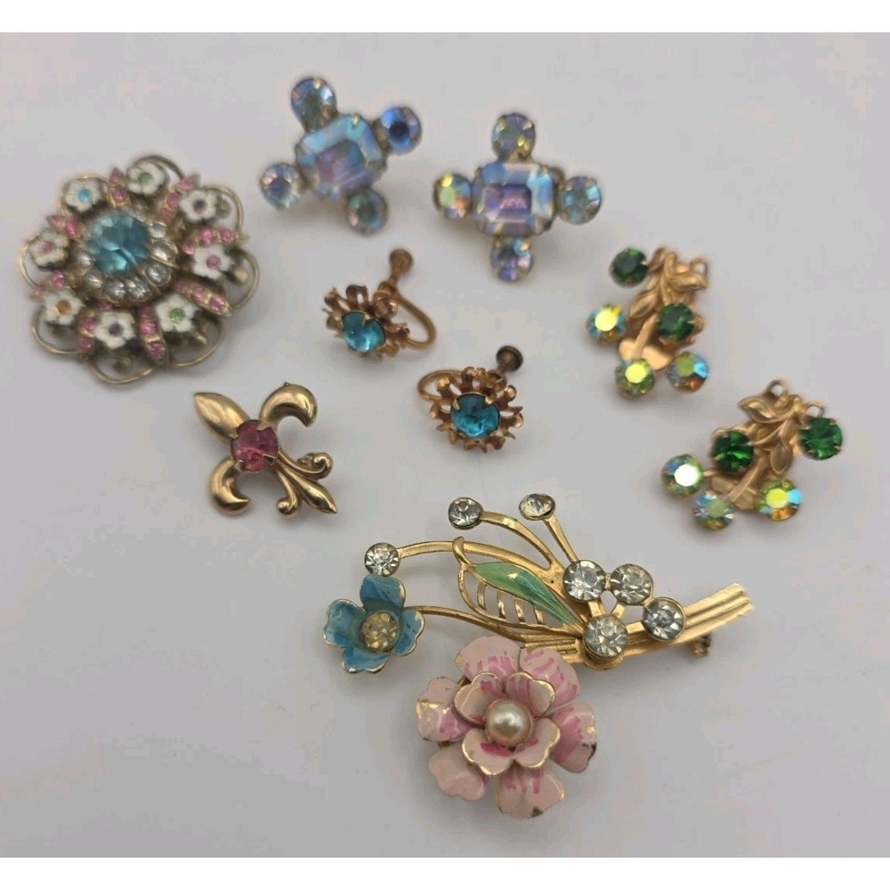 Vintage Gold Tone AB Rhinestone Mid Century Floral Victorian Costume Jewelry Lot